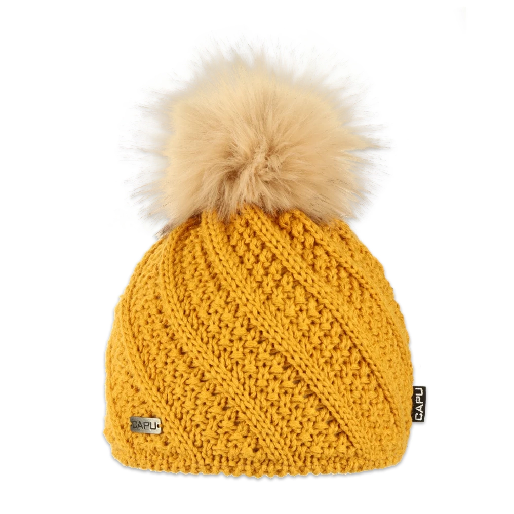 Dámská zimní pletená čepice s kožešinovou bambulí – zateplená flízem