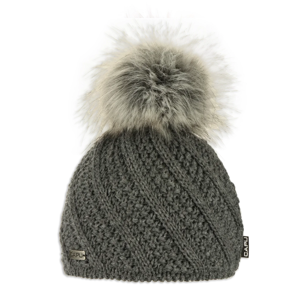 Dámská zimní pletená čepice s kožešinovou bambulí – zateplená flízem
