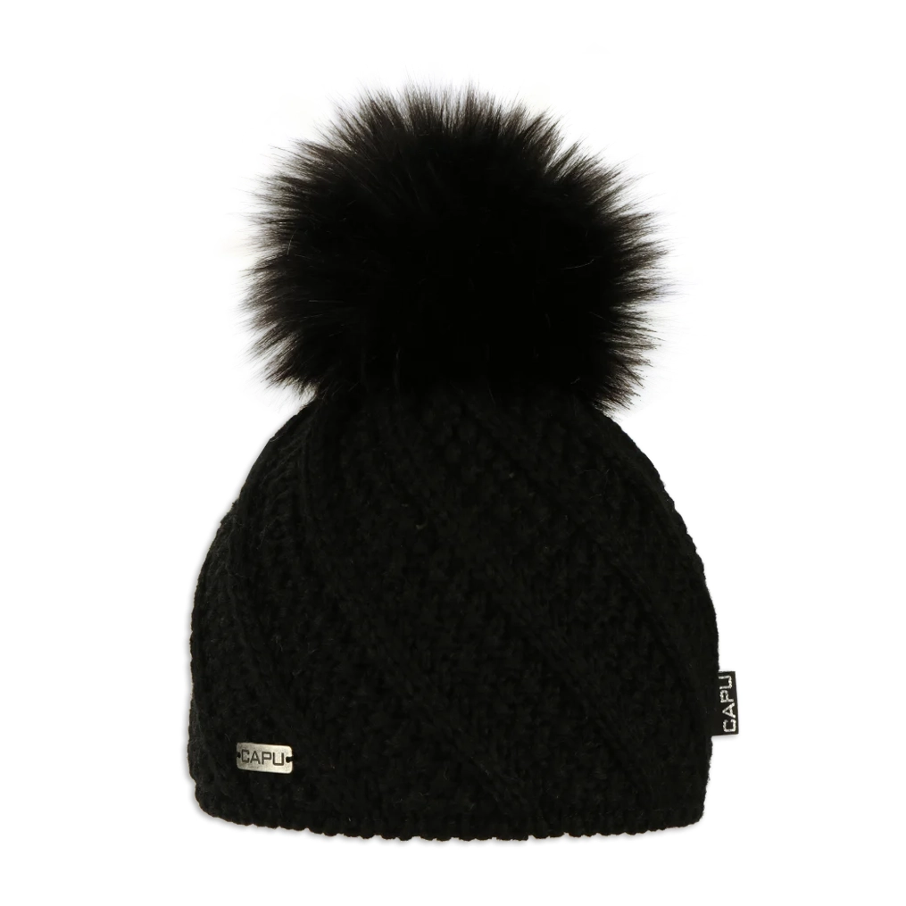 Dámská zimní pletená čepice s kožešinovou bambulí – zateplená flízem