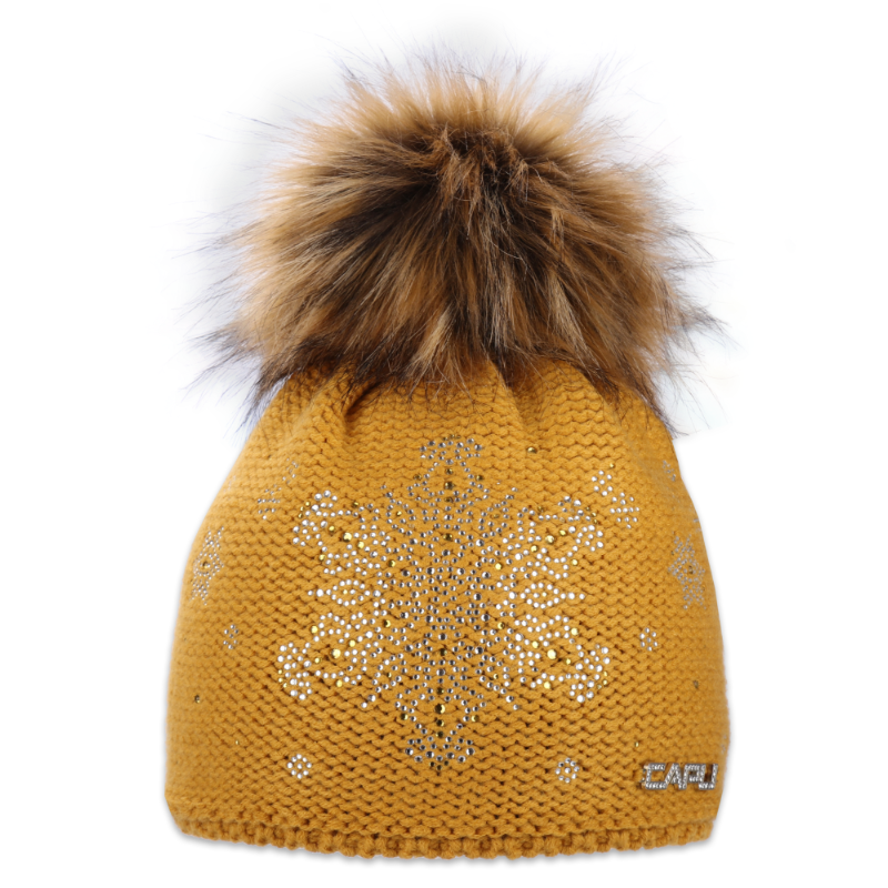 Dámská čepice s kožešinovou bambulí s vločkou z kamínků