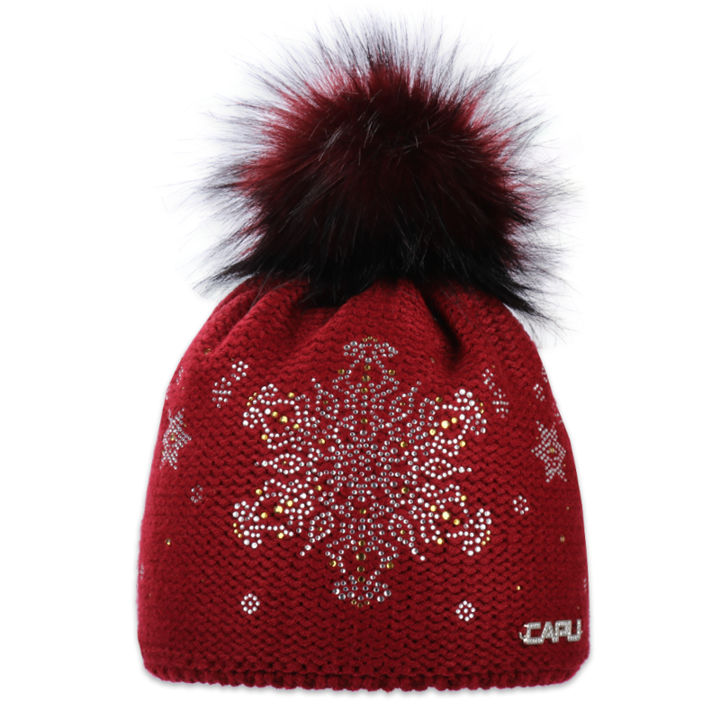 Dámská čepice s kožešinovou bambulí s vločkou z kamínků