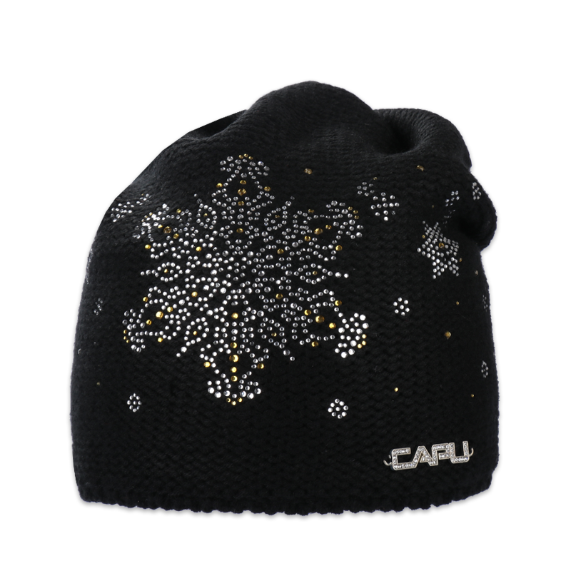 Dámská zimní přepadlá čepice – zateplená flízem, s kamínky, vločka