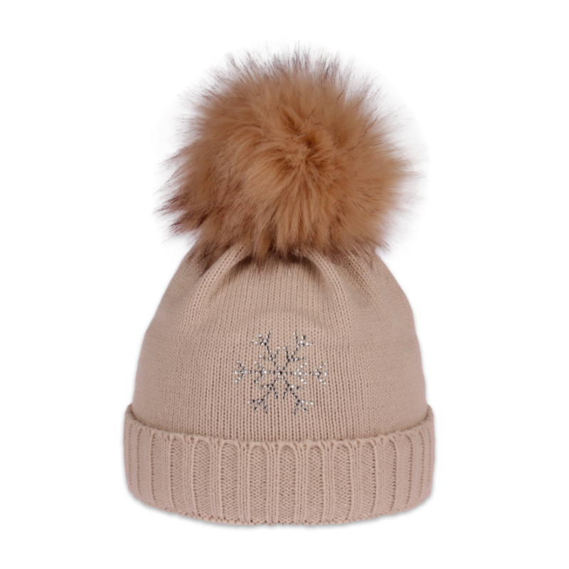 Dámská čepice s kožešinovou bambulí s vločkou z kamínků