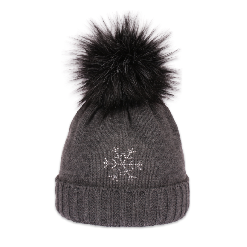 Dámská čepice s kožešinovou bambulí s vločkou z kamínků