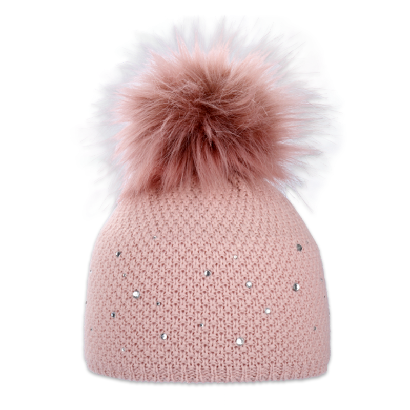 Dámská čepice s kožešinovou bambulí s kamínky