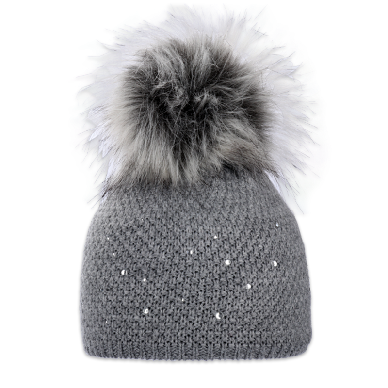 Dámská čepice s kožešinovou bambulí s kamínky