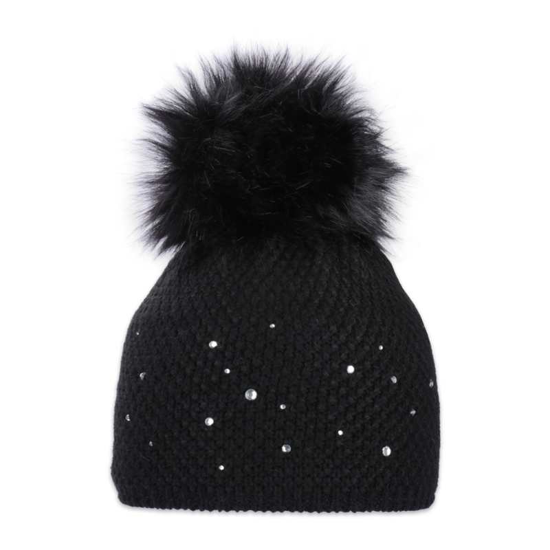 Dámská čepice s kožešinovou bambulí s kamínky