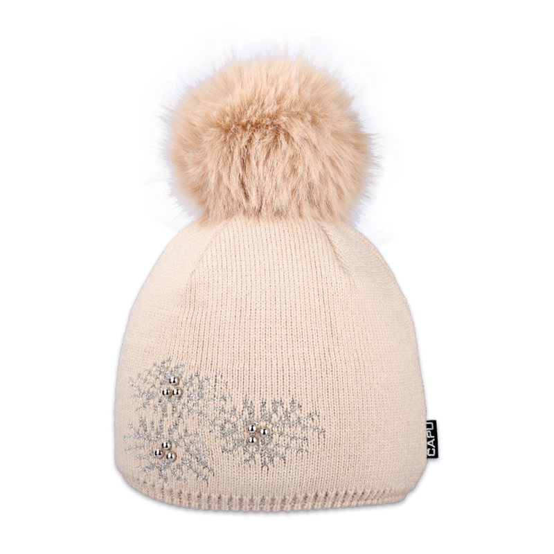 Dámská zimní pletená čepice s kožešinovou bambulí – zateplená flízem