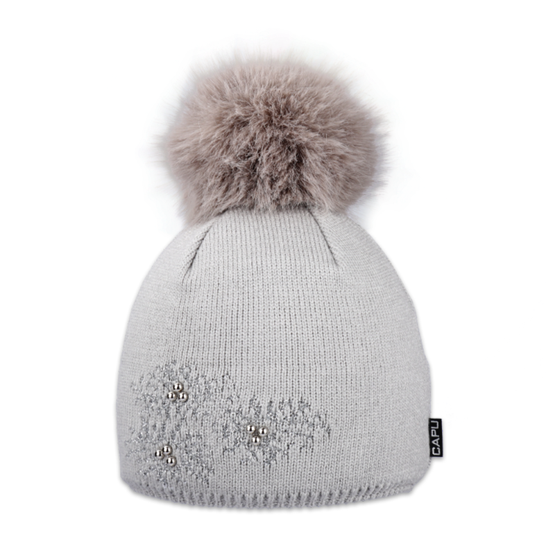 Dámská zimní pletená čepice s kožešinovou bambulí – zateplená flízem