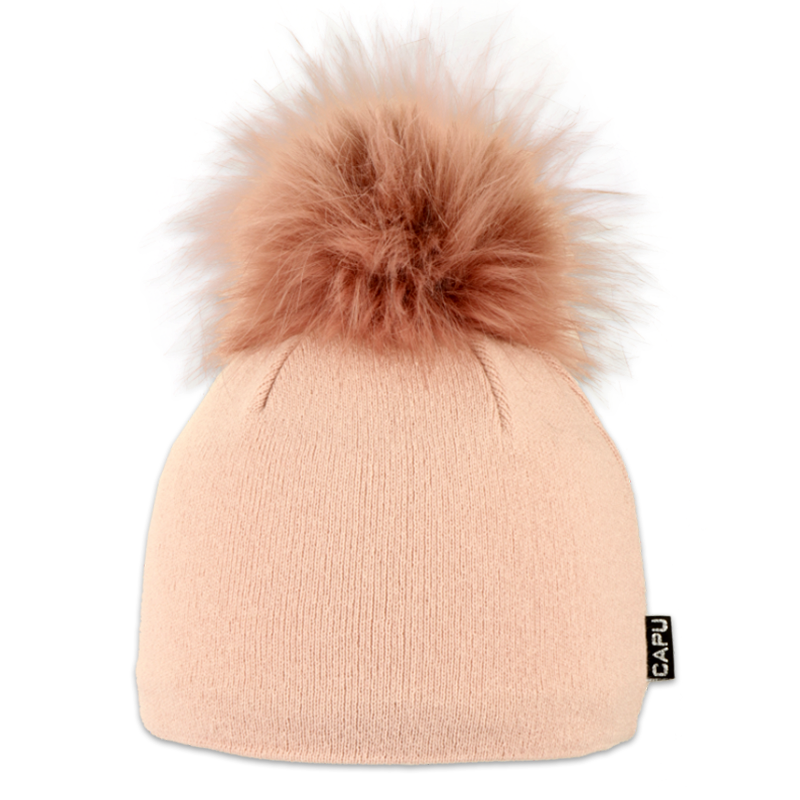 Dámská čepice s kožešinovou bambulí béžová světle hnědá