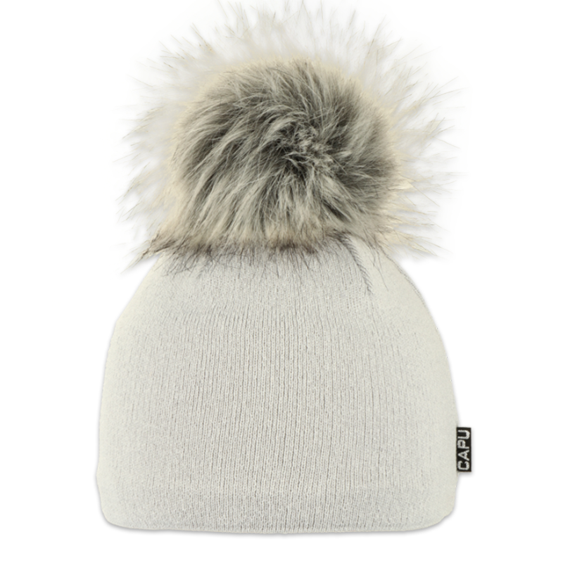 Dámská čepice s kožešinovou bambulí béžová světle hnědá