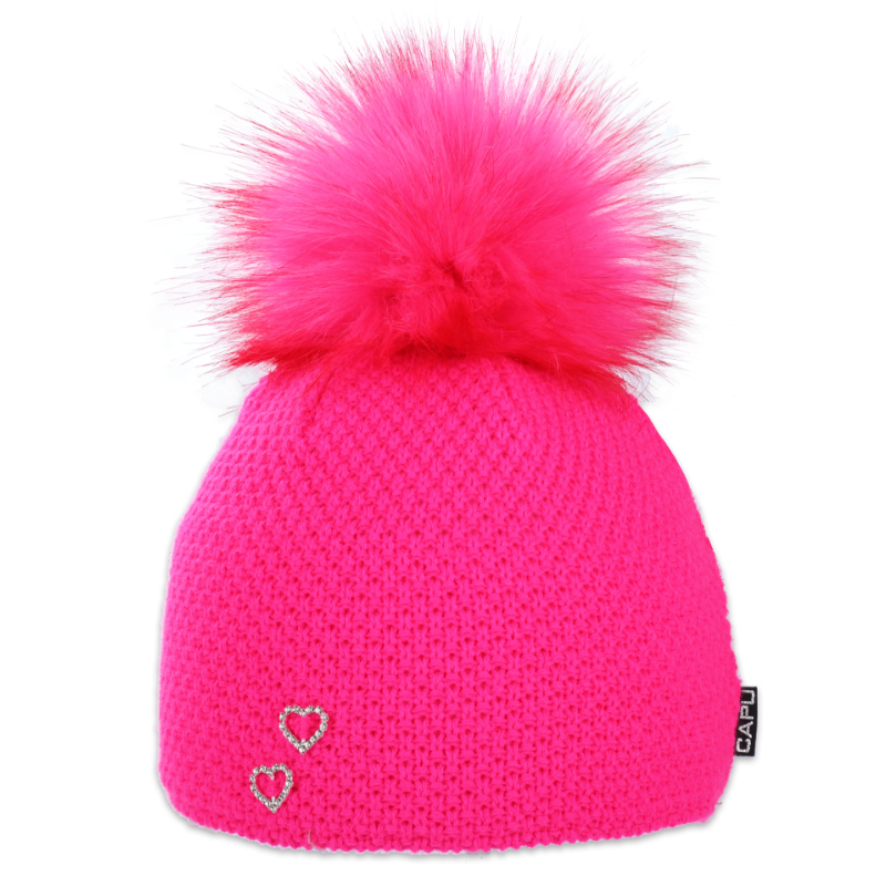 Dětská čepice s kožešinovou bambulí a ozdobou