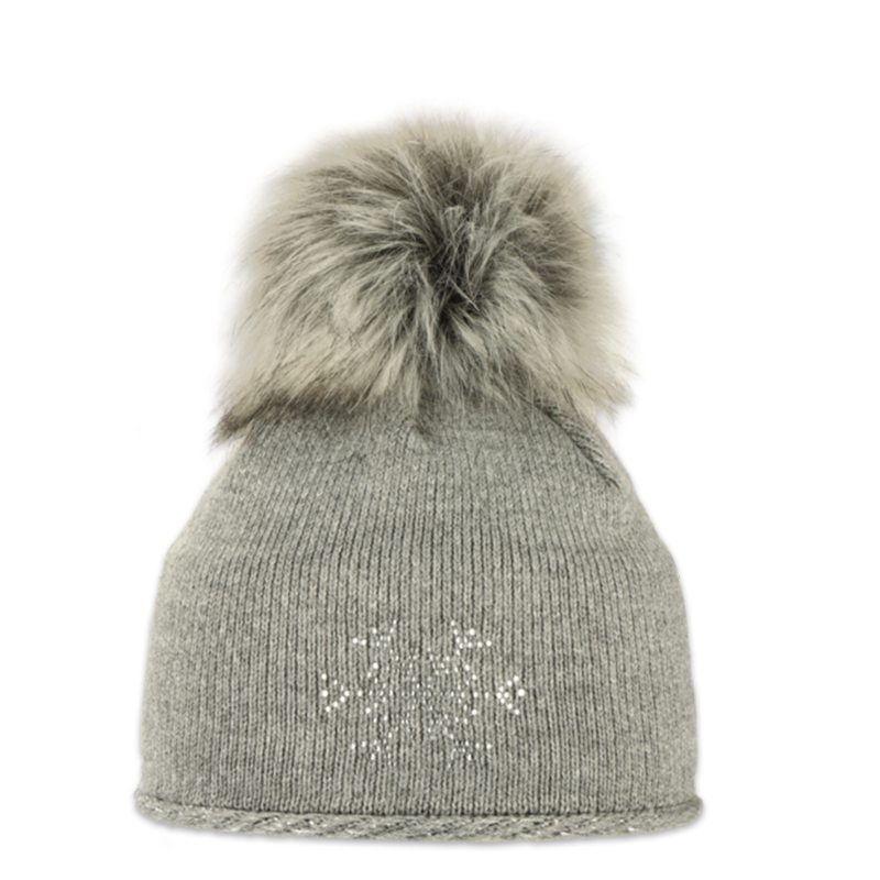 Dětská čepice s kožešinovou bambulí s vločkou z kamínků