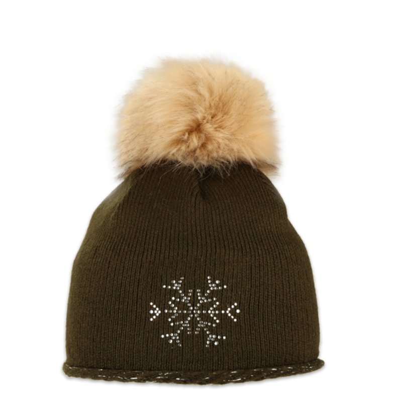 Dětská čepice s kožešinovou bambulí s vločkou z kamínků