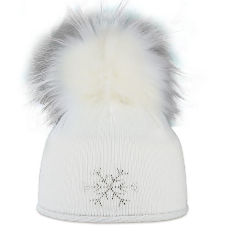 Dětská čepice s kožešinovou bambulí s vločkou z kamínků