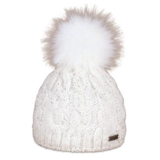 Dámská zimní pletená čepice s flitry a kožešinovou bambulí – zateplená flízem