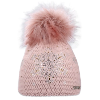Dámská čepice s kožešinovou bambulí s vločkou z kamínků
