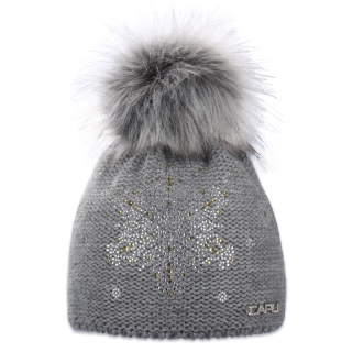 Dámská čepice s kožešinovou bambulí s vločkou z kamínků