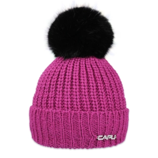 Dámská zimní pletená čepice s kožešinovou bambulí – ovčí vlna