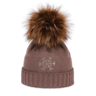 Dámská zimní pletená čepice s kožešinovou bambulí – zateplená flízem, s kamínky, vločka