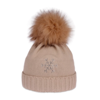 Dámská čepice s kožešinovou bambulí s vločkou z kamínků