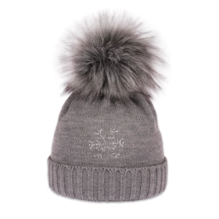 Dámská čepice s kožešinovou bambulí s vločkou z kamínků