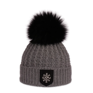 Dámská zimní pletená čepice s kožešinovou bambulí – zateplená flízem