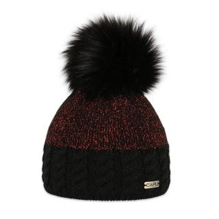 Dámská zimní pletená čepice s kožešinovou bambulí – zateplená flízem, třpytivý lurex