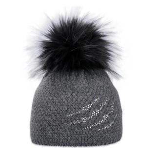 Dámská zimní pletená čepice s kožešinovou bambulí – zateplená flízem, s kamínky