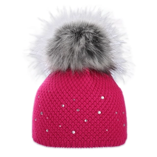 Dámská čepice s kožešinovou bambulí s kamínky