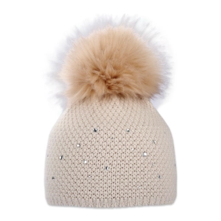 Dámská čepice s kožešinovou bambulí s kamínky
