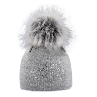 Dámská čepice s kožešinovou bambulí a vločkami z kamínků světle šedá
