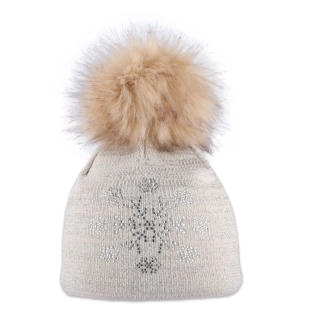 Dámská čepice s kožešinovou bambulí a vločkami z kamínků béžová