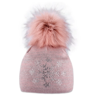 Dámská čepice s kožešinovou bambulí a vločkami z kamínků růžová