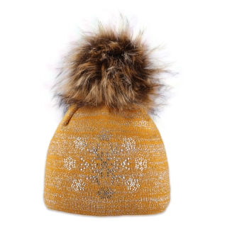 Dámská čepice s kožešinovou bambulí a vločkami z kamínků žlutá písková okrová