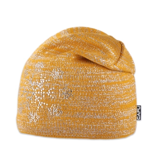 Dámská čepice přepadlá s vločkami z kamínků žlutá písková okrová