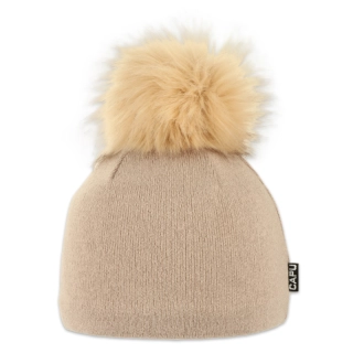 Dámská čepice s kožešinovou bambulí béžová světle hnědá