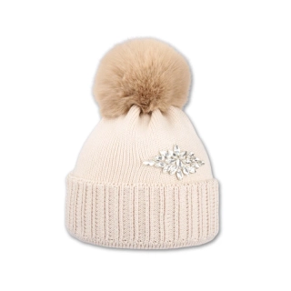 Dámská čepice s kožešinovou bambulí - béžová