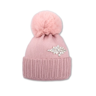 Dámská čepice s kožešinovou bambulí - růžová