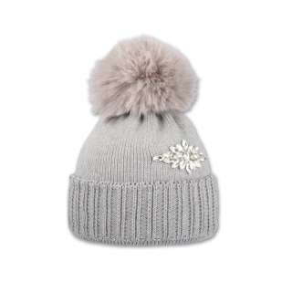 Dámská čepice s kožešinovou bambulí - světle šedá