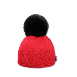 Dámská čepice s kožešinovou bambulí - červená