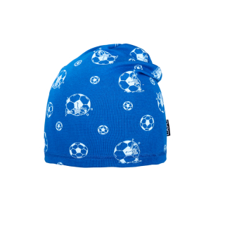 Dětská bavlněná jarní čepice s fotbalovým míčem, modrá, přepadlá – tenká jednovrstvá, velikost 52-54 cm